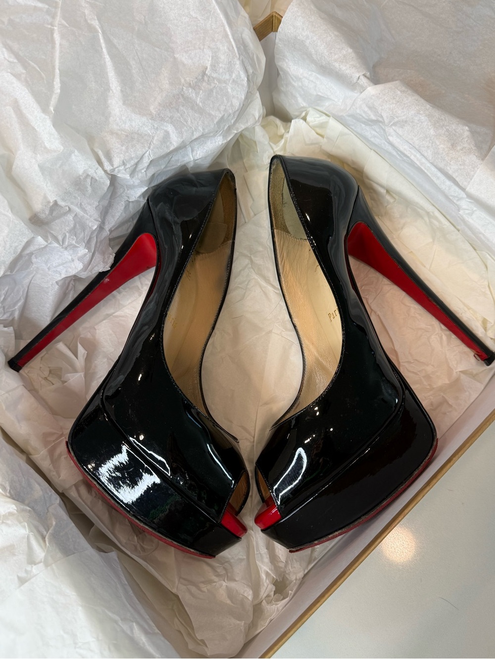 Authentic Christian Louboutin Black Patent Peep-Toe Platforms with Red Soles